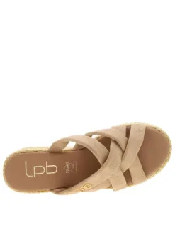 Mules taupe avec un talon semi-compensée et des sangles croisées
