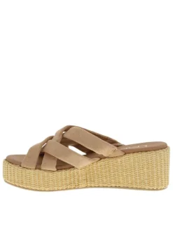 Mules taupe avec un talon semi-compensée et des sangles croisées