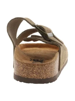 Mules taupe en cuir avec un talon plat et deux boucles à ardillon