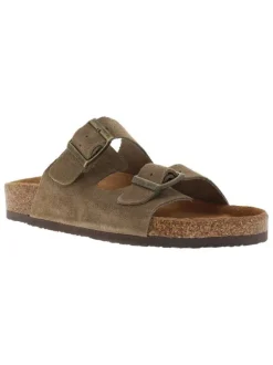 Mules taupe en cuir avec un talon plat et deux boucles à ardillon