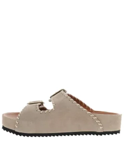 Mules taupe en cuir à talon compensé bas avec deux boucles à ardillon