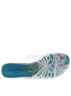 Mules turquoise à talon décroché moyen avec imprimé floral et perles blanches
