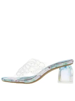 Mules turquoise à talon décroché moyen avec imprimé floral et perles blanches
