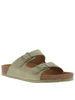 Mules vertes ouvertes avec deux sangles à boucle à ardillon et à semelle plate