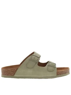 Mules vertes ouvertes avec deux sangles à boucle à ardillon et à semelle plate