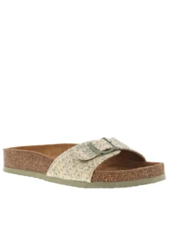 Mules vertes sauge et beiges avec une sangle en tressage à boucle à ardillon