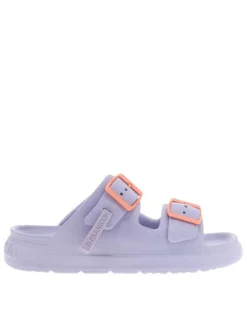 Mules violettes à semelle plate avec une fermeture à boucle à ardillon