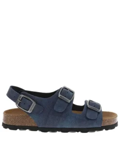 Nu-pieds bleus avec 3 brides ajustables et un aspect liège à la semelle