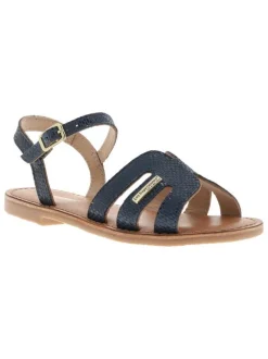 Nu-pieds bleus en cuir avec un talon plat et une boucle à ardillon