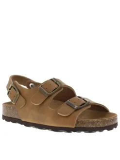 Nu-pieds camel avec un aspect liège à la semelle et 3 brides ajustables