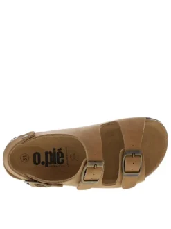 Nu-pieds camel avec un aspect liège à la semelle et 3 brides ajustables