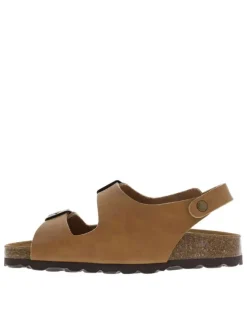Nu-pieds camel avec un aspect liège à la semelle et 3 brides ajustables