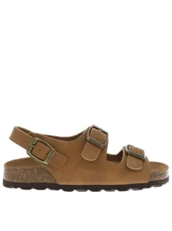 Nu-pieds camel avec un aspect liège à la semelle et 3 brides ajustables