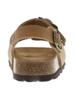 Nu-pieds camel avec un aspect liège à la semelle et 3 brides ajustables