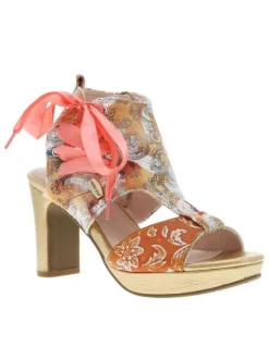 Nu-pieds abricots à talon décroché haut avec fermeture à lacets et zip latéral