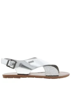 Nu-pieds argent et à glitter, à semelle plate, boucle et première pur cuir