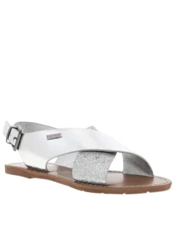 Nu-pieds argent et à glitter, à semelle plate, boucle et première pur cuir