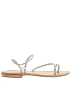 Nu-pieds argent à talon plat avec un entre-doigt et des strass