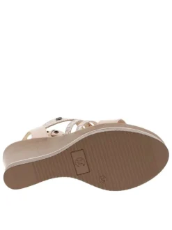 Nu-pieds beige et or à talon compensé haut aspect liège à boucle à ardillon