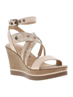 Nu-pieds beige et or à talon compensé haut aspect liège à boucle à ardillon