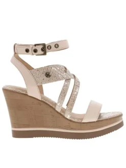 Nu-pieds beige et or à talon compensé haut aspect liège à boucle à ardillon