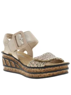 Nu-pieds beiges avec un talon semi-compensé et deux bande auto-agrippantes