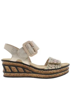 Nu-pieds beiges avec un talon semi-compensé et deux bande auto-agrippantes
