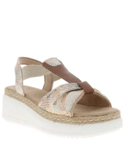 Nu-pieds beiges avec un talon semi-compensé et motifs serpents