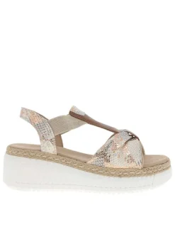 Nu-pieds beiges avec un talon semi-compensé et motifs serpents