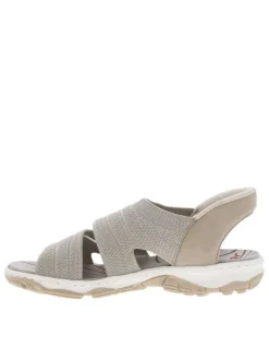 Nu-pieds beiges et gris clairs avec une tige en maille et à semelle plate
