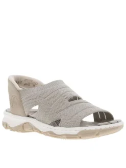 Nu-pieds beiges et gris clairs avec une tige en maille et à semelle plate