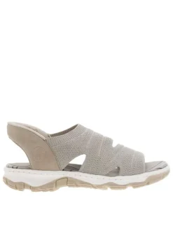 Nu-pieds beiges et gris clairs avec une tige en maille et à semelle plate