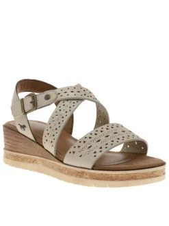 Nu-pieds beiges à semelle compensée effet bois et à boucle à ardillon