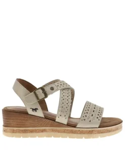Nu-pieds beiges à semelle compensée effet bois et à boucle à ardillon