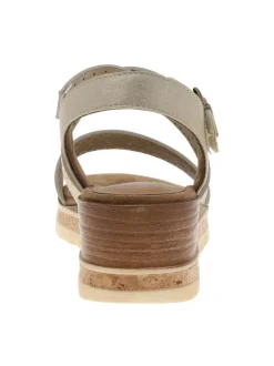 Nu-pieds beiges à semelle compensée effet bois et à boucle à ardillon