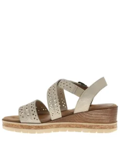 Nu-pieds beiges à semelle compensée effet bois et à boucle à ardillon