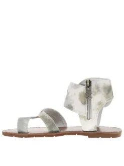 Nu-pieds blanc et vert à talon décroché bas, zip et boucle décorative