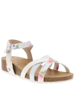 Nu-pieds blancs à semelle compensée bas et à boucle à ardillon