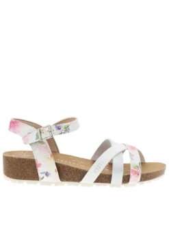 Nu-pieds blancs à semelle compensée bas et à boucle à ardillon