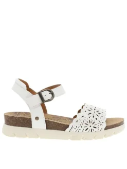 Nu-pieds blancs à semelle à talon compensé bas et à boucle à ardillon