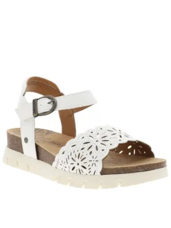 Nu-pieds blancs à semelle à talon compensé bas et à boucle à ardillon