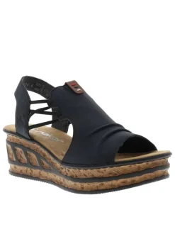 Nu-pieds bleu marine à semelle compensée haute et à soufflets élastiqués