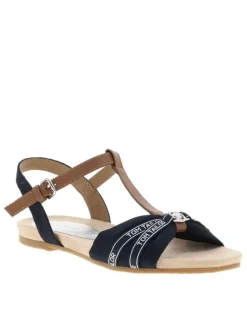 Nu-pieds bleu marine à semelle plate avec une fermeture à boucle à ardillon