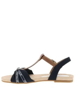 Nu-pieds bleu marine à semelle plate avec une fermeture à boucle à ardillon