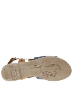Nu-pieds bleus et marron avec une bande auto-agrippante et un talon plat