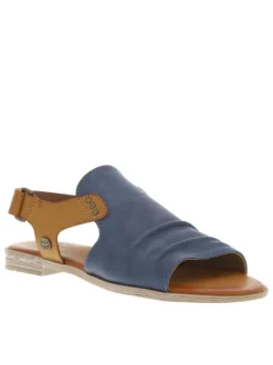 Nu-pieds bleus et marron avec une bande auto-agrippante et un talon plat