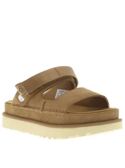 Nu-pieds camel en daim à semelle plate épaisse et à bande auto-agrippante