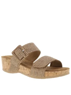 Nu-pieds camel à semelle compensé et une fermeture à boucle à ardillon