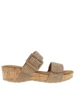 Nu-pieds camel à semelle compensé et une fermeture à boucle à ardillon