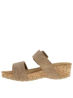 Nu-pieds camel à semelle compensé et une fermeture à boucle à ardillon